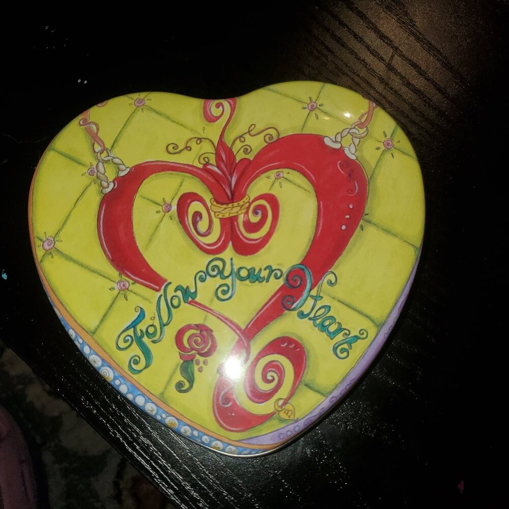 BRIGHTON Heart Shaped Container Metal Yellow/Red Tin Storage Gift